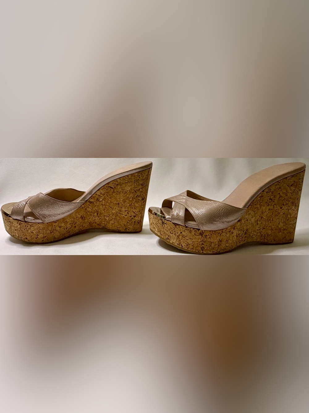 Jimmy Choo Metallic Rose Gold Leather Cork Wedge Sandals Size 38.5 - Picture 6 of 13